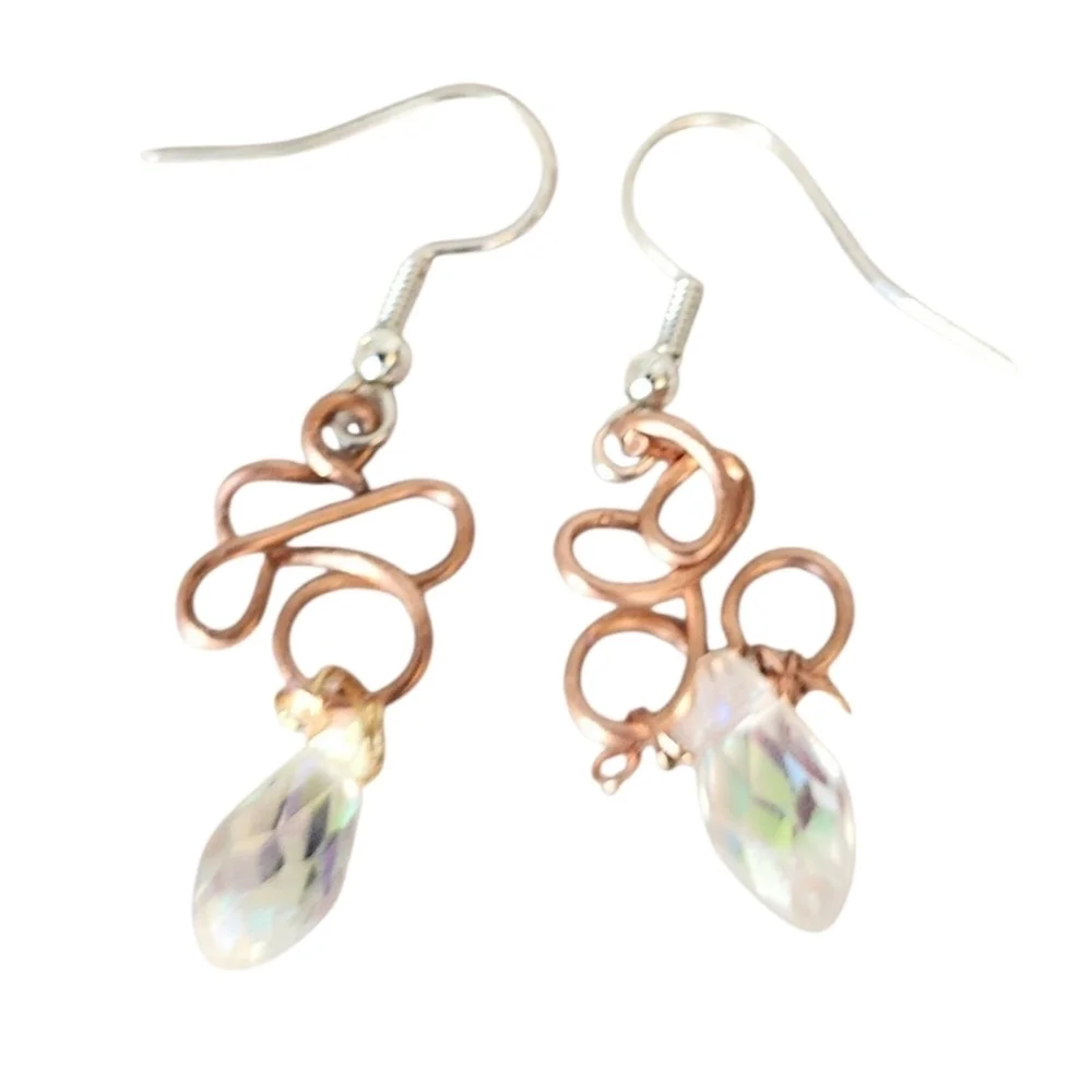 Handmade Copper Wire Earrings AB Teardrop Crystal, Iridescent Glow